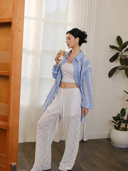 FU FRESH UP Multi Panel Lace Cutout Striped Shirt