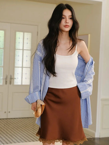 FU FRESH UP Multi Panel Lace Cutout Striped Shirt