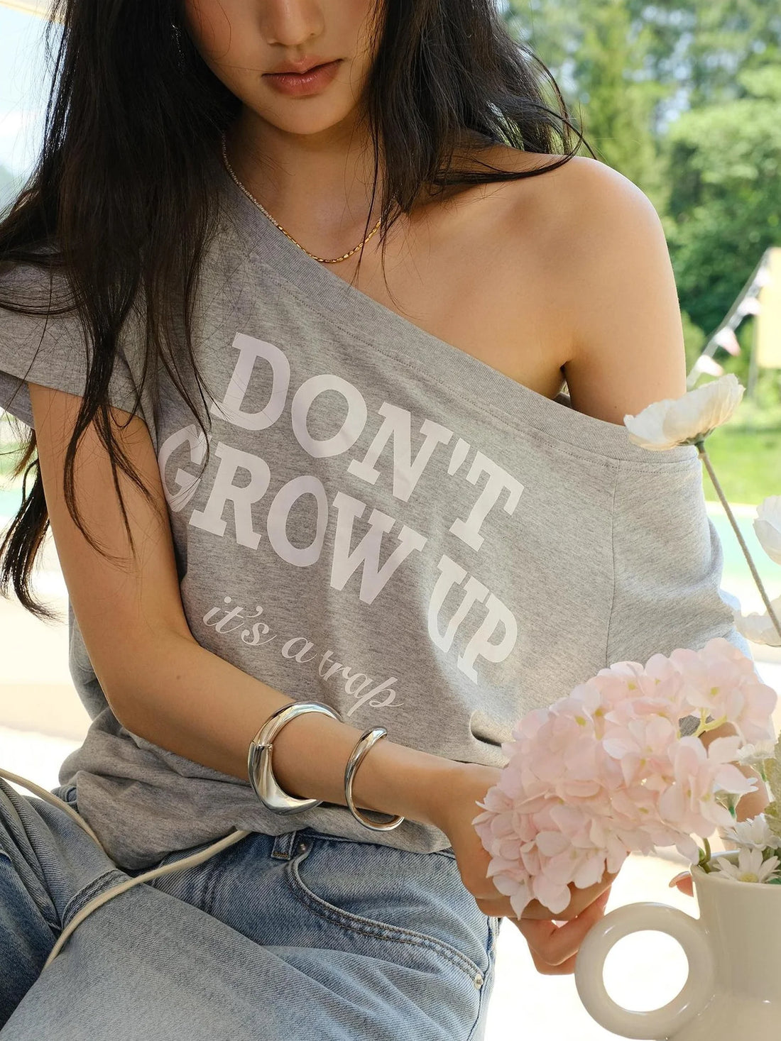 Off Shoulder Color Block Letter Print Tee