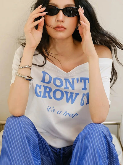 Off Shoulder Color Block Letter Print Tee