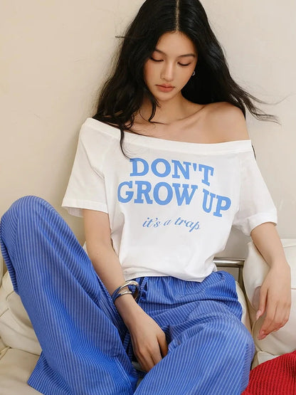 Off Shoulder Color Block Letter Print Tee