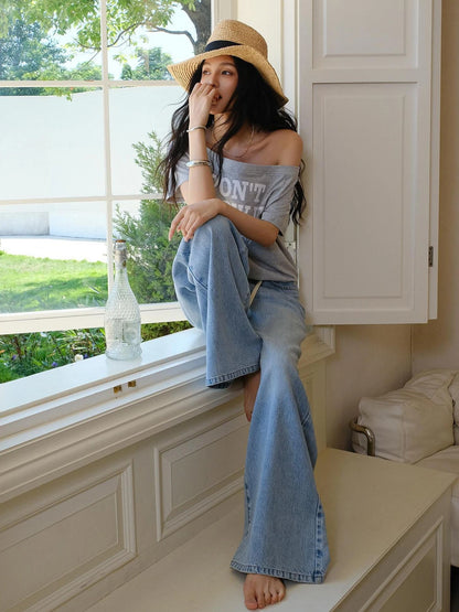 Off Shoulder Color Block Letter Print Tee