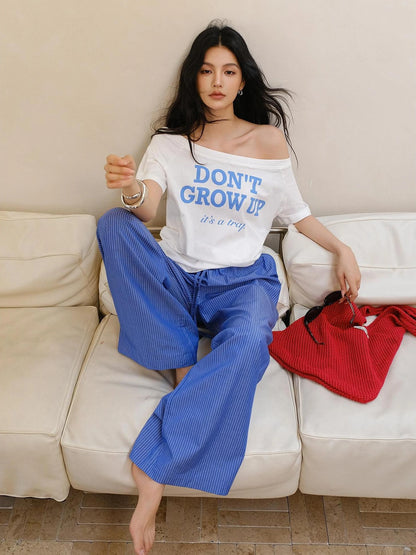 Off Shoulder Color Block Letter Print Tee