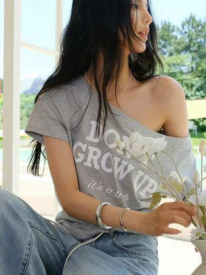 Off Shoulder Color Block Letter Print Tee