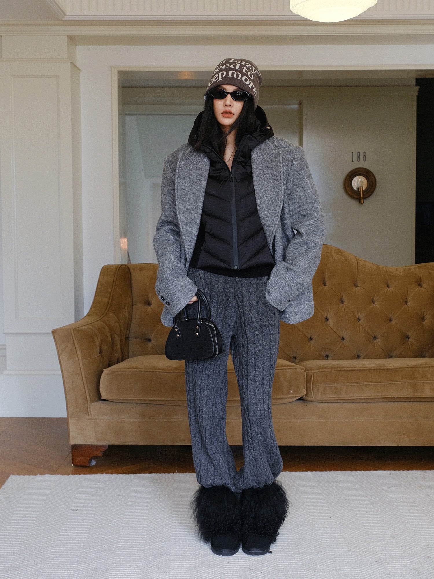FU FRESH UP Old Money Knit Panel Ribbed Slim Hooded Women&