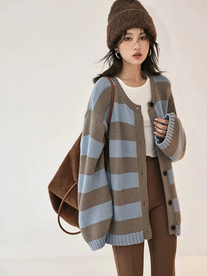 Oversize Color Block Striped Knit Cardigan