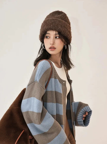 Oversize Color Block Striped Knit Cardigan