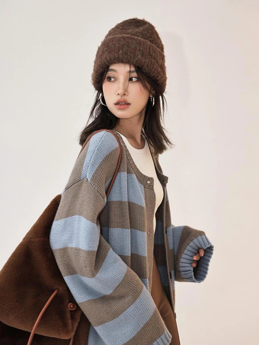 Oversize Color Block Striped Knit Cardigan