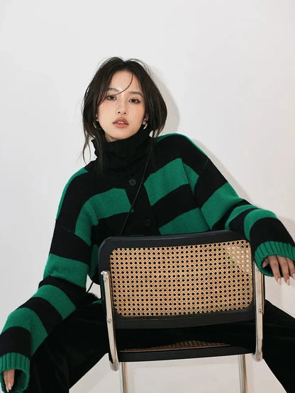 Oversize Color Block Striped Knit Cardigan