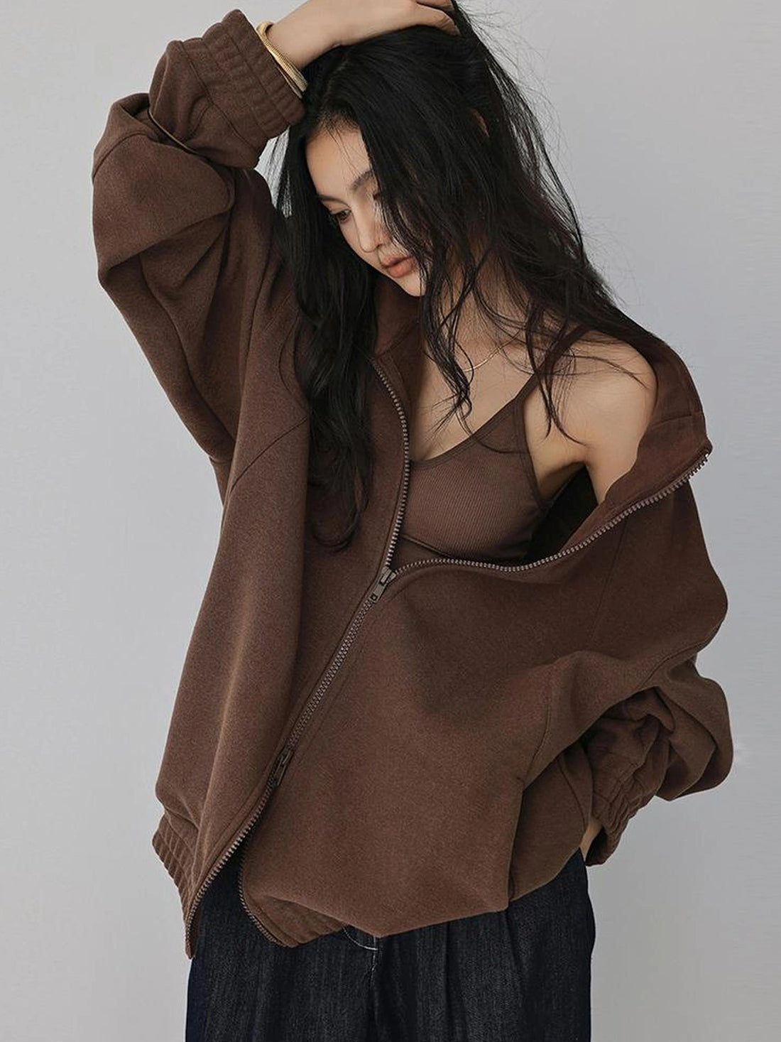 FU FRESH UP Oversize Fleece Lined Stand Collar Sweatshirt