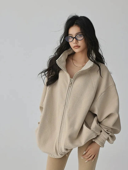 FU FRESH UP Oversize Fleece Lined Stand Collar Sweatshirt
