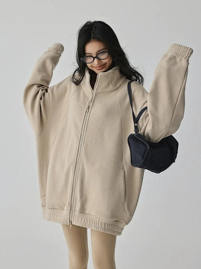 FU FRESH UP Oversize Fleece Lined Stand Collar Sweatshirt