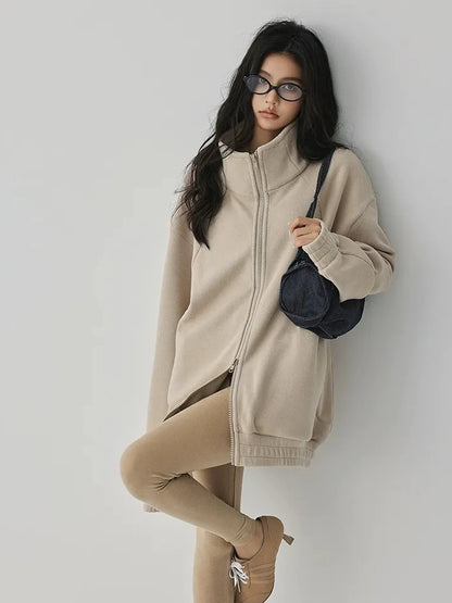 FU FRESH UP Oversize Fleece Lined Stand Collar Sweatshirt