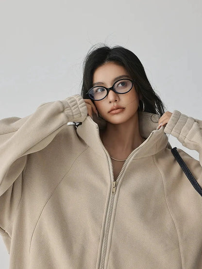 FU FRESH UP Oversize Fleece Lined Stand Collar Sweatshirt
