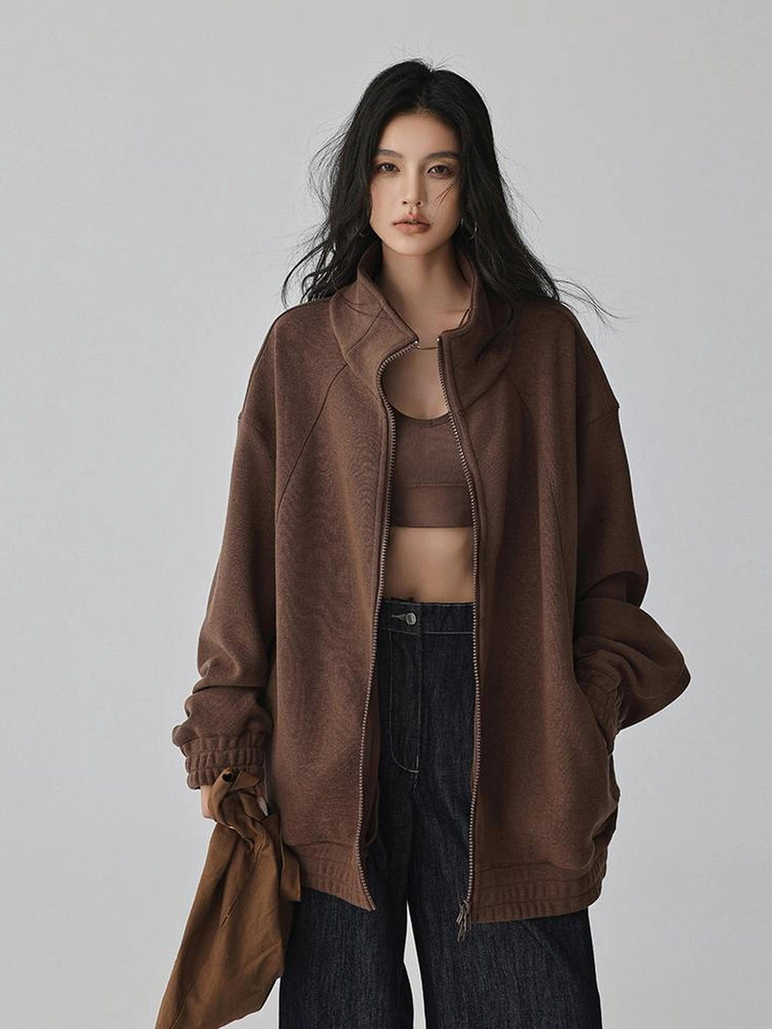 FU FRESH UP Oversize Fleece Lined Stand Collar Sweatshirt