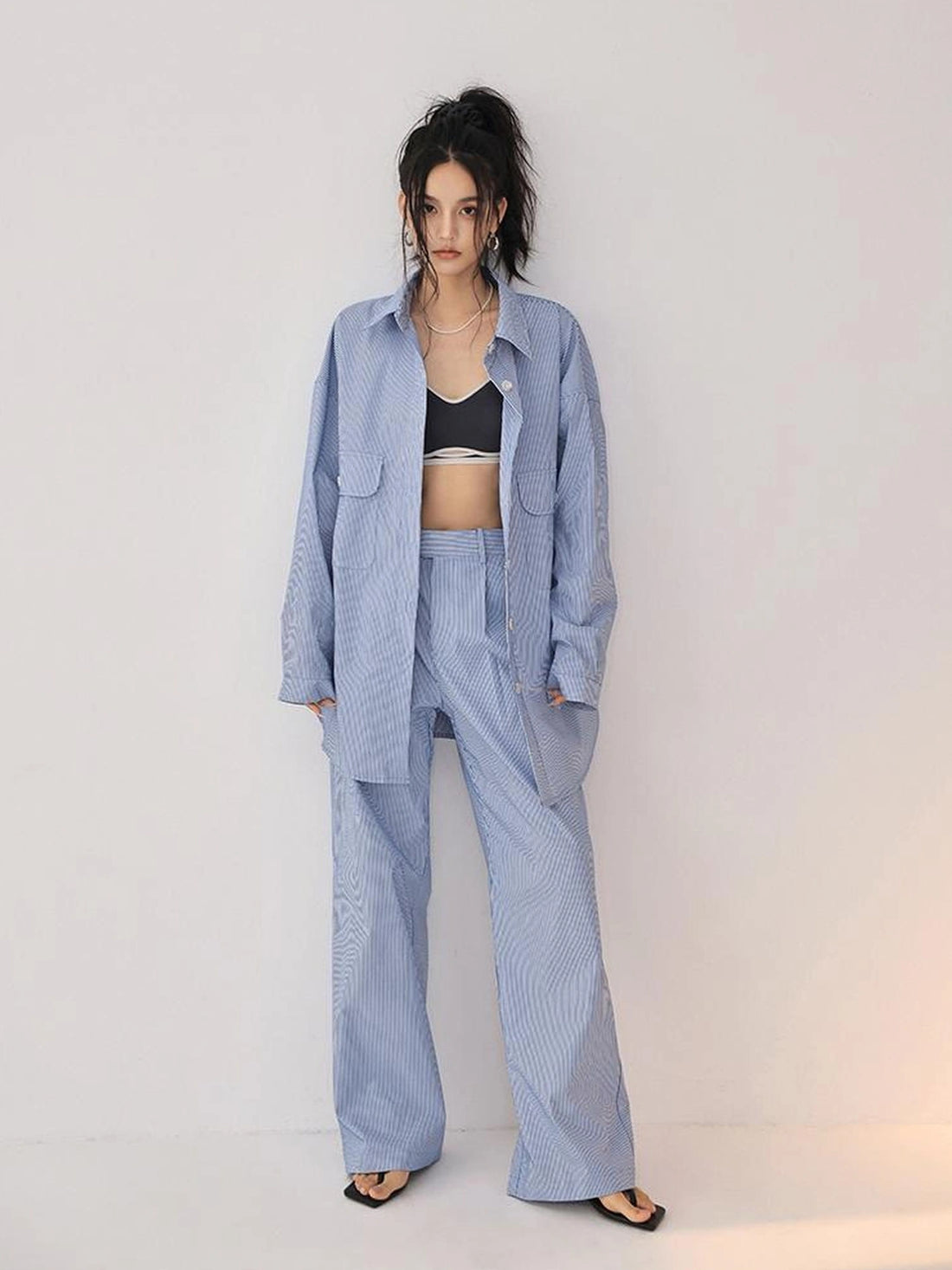 FU FRESH UP Oversize Striped Cotton Shirt Wide Leg Pants Set