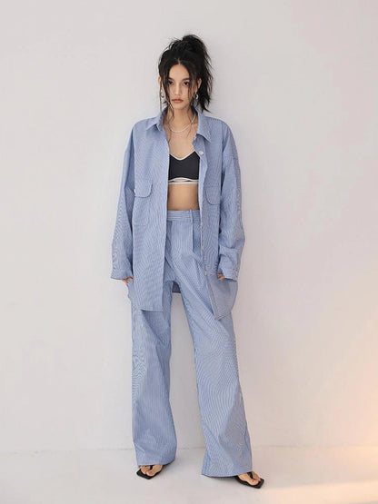 FU FRESH UP Oversize Striped Cotton Shirt Wide Leg Pants Set