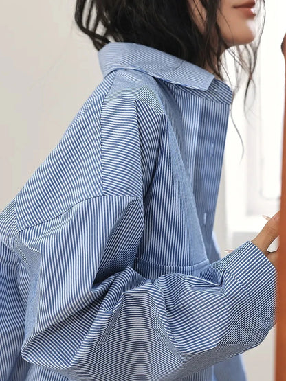 FU FRESH UP Oversize Striped Cotton Shirt Wide Leg Pants Set