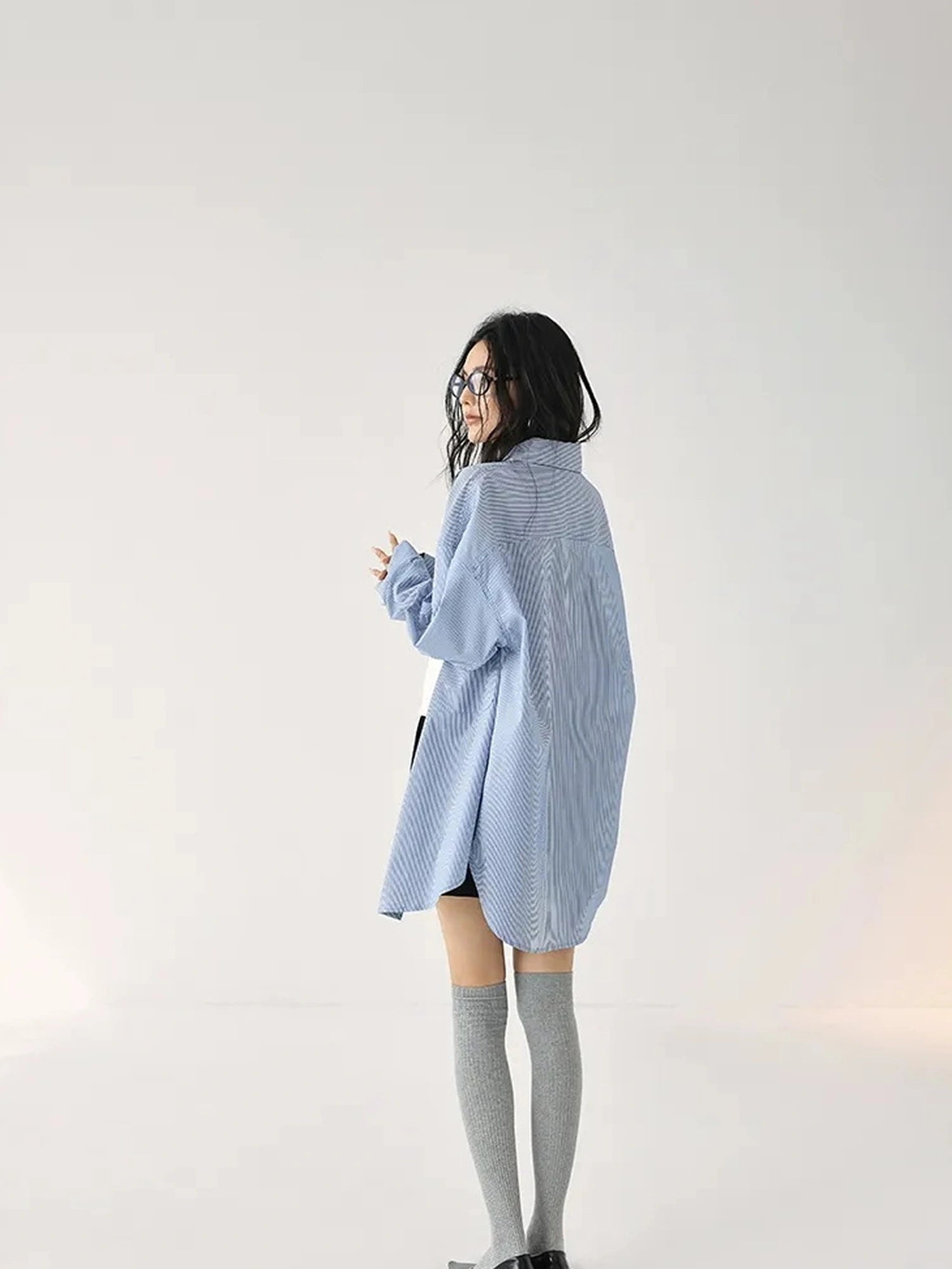 FU FRESH UP Oversize Striped Cotton Shirt Wide Leg Pants Set