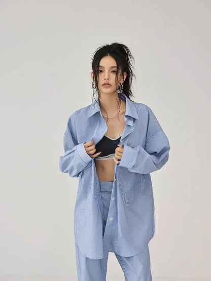 FU FRESH UP Oversize Striped Cotton Shirt Wide Leg Pants Set