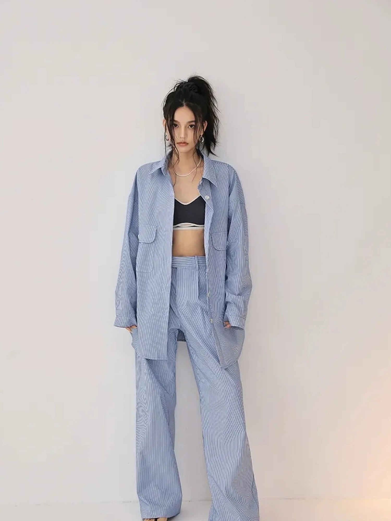 FU FRESH UP Oversize Striped Cotton Shirt Wide Leg Pants Set