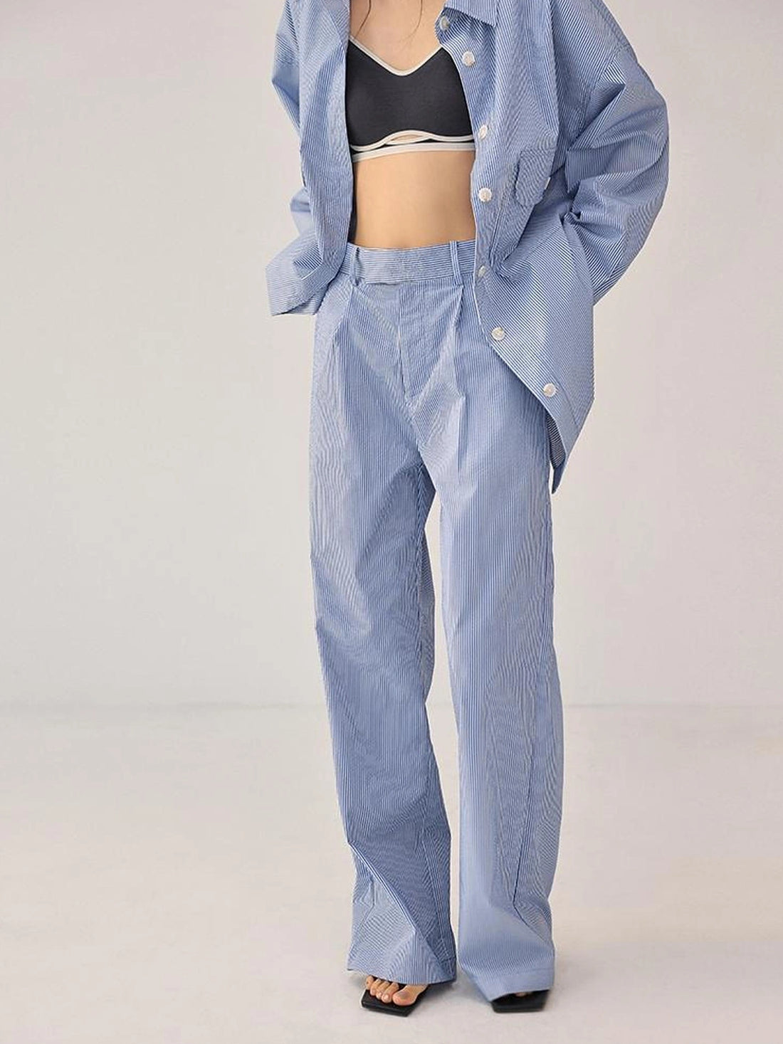 FU FRESH UP Oversize Striped Cotton Shirt Wide Leg Pants Set
