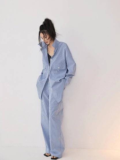 FU FRESH UP Oversize Striped Cotton Shirt Wide Leg Pants Set