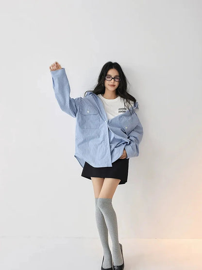 FU FRESH UP Oversize Striped Cotton Shirt Wide Leg Pants Set