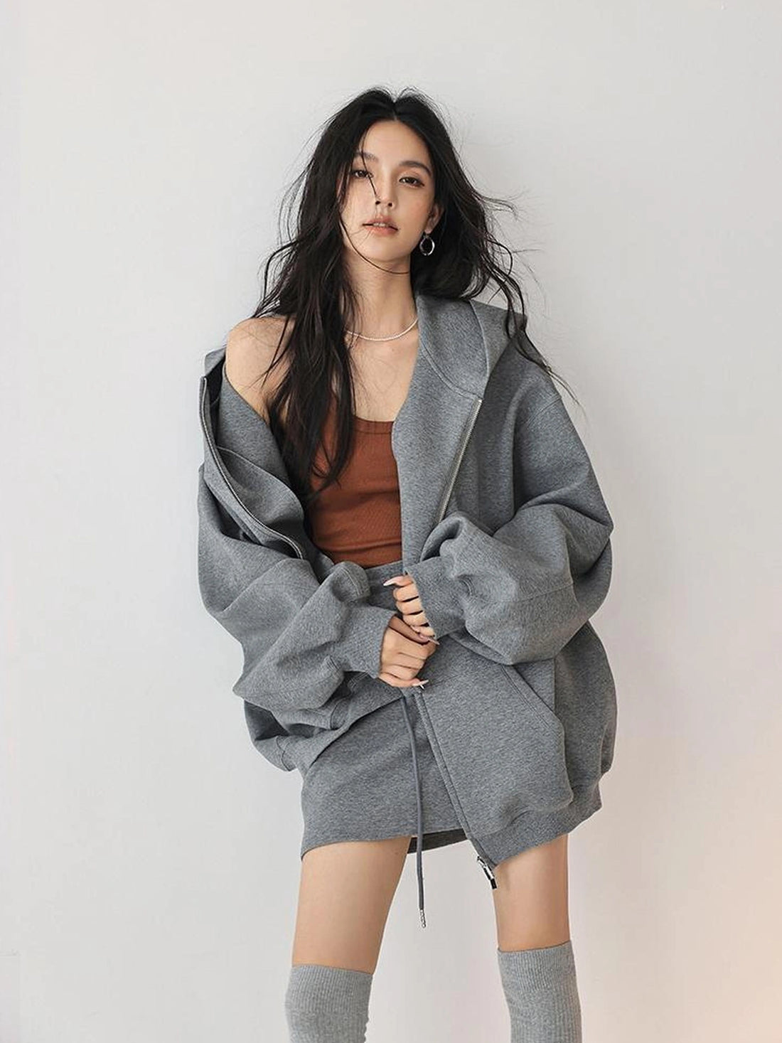 FU FRESH UP Oversized Jelly Textured Hoodie Set With Short Skirt