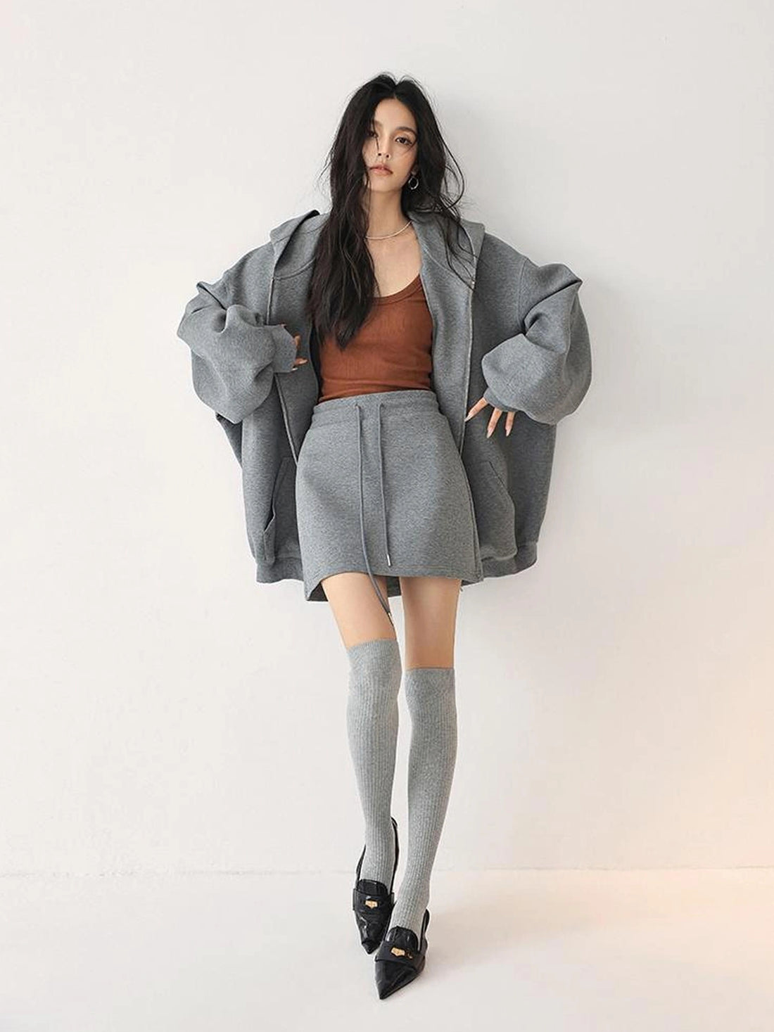 FU FRESH UP Oversized Jelly Textured Hoodie Set With Short Skirt