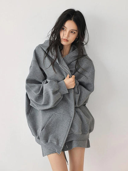 FU FRESH UP Oversized Jelly Textured Hoodie Set With Short Skirt