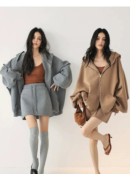 FU FRESH UP Oversized Jelly Textured Hoodie Set With Short Skirt