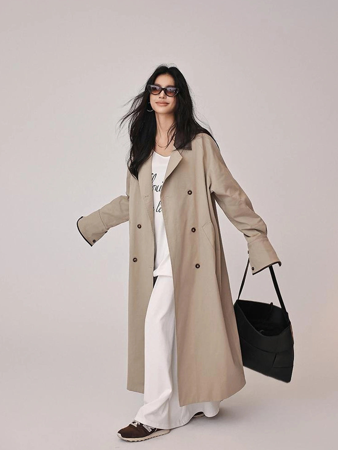 FU FRESH UP Oversized Long Trench Coat With PU Contrast Collar