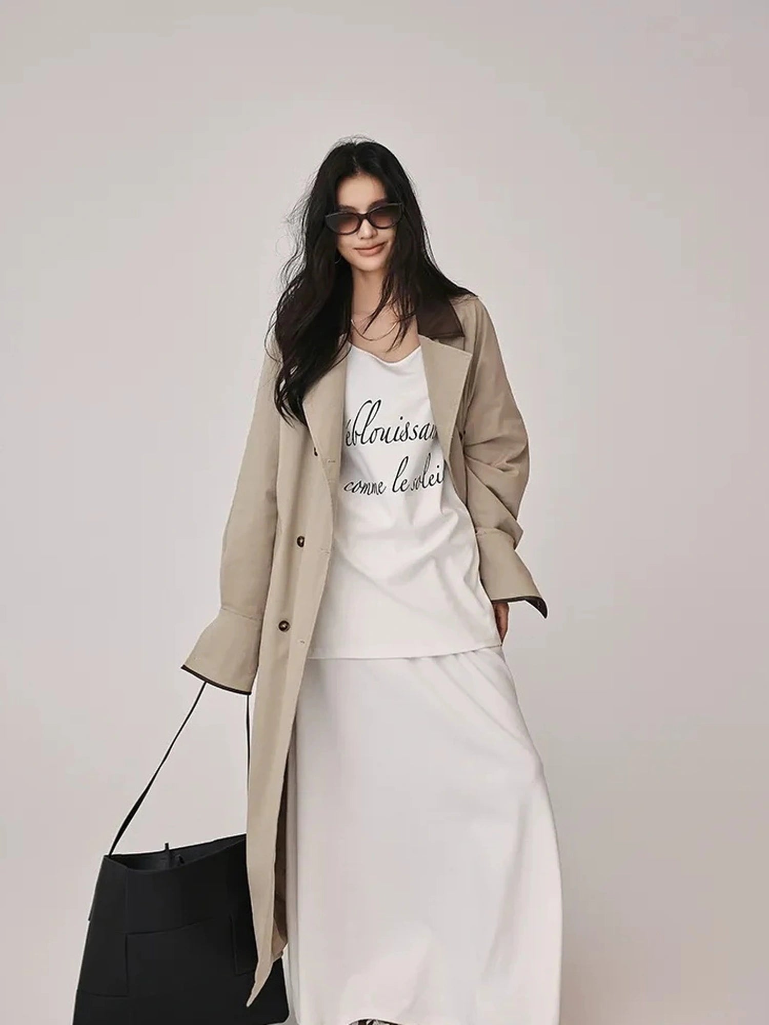 FU FRESH UP Oversized Long Trench Coat With PU Contrast Collar