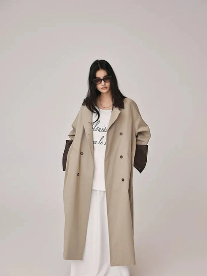 FU FRESH UP Oversized Long Trench Coat With PU Contrast Collar