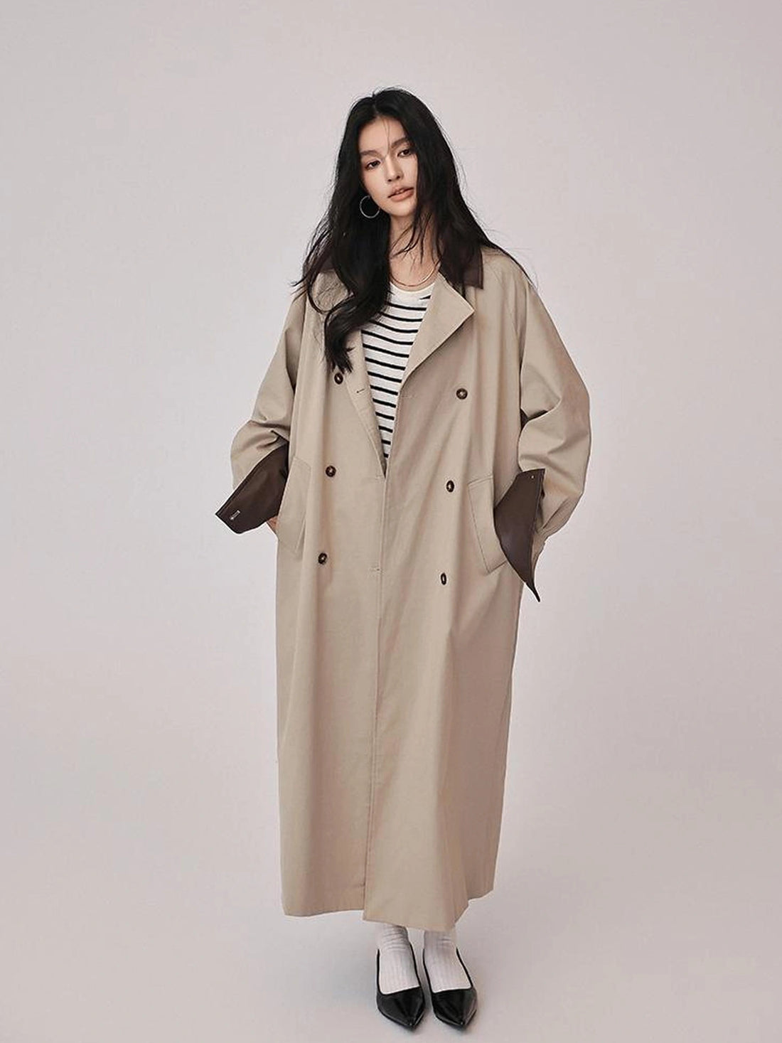 FU FRESH UP Oversized Long Trench Coat With PU Contrast Collar