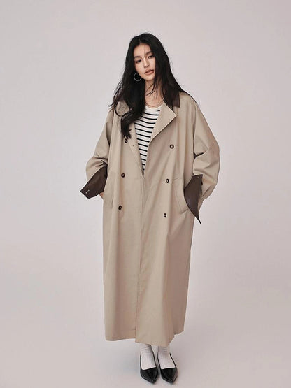 FU FRESH UP Oversized Long Trench Coat With PU Contrast Collar