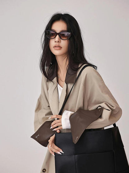 FU FRESH UP Oversized Long Trench Coat With PU Contrast Collar