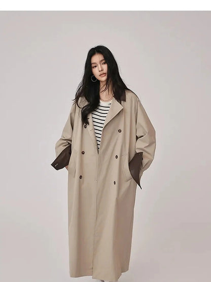 FU FRESH UP Oversized Long Trench Coat With PU Contrast Collar