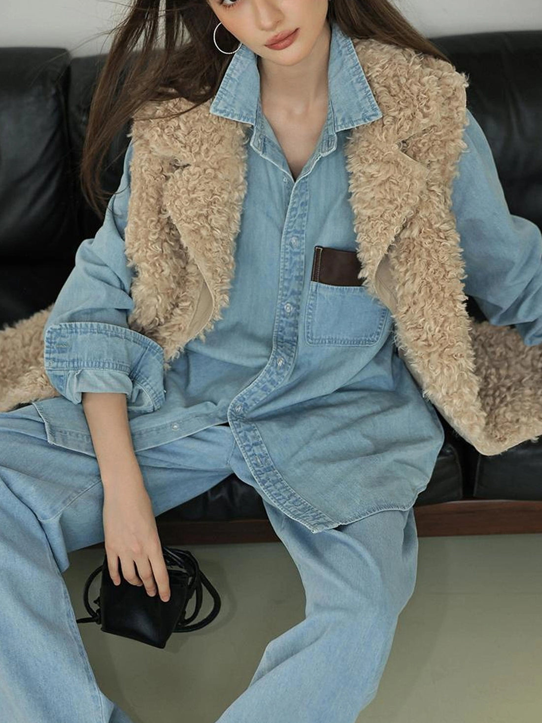 Patchwork Leather Denim Shirt Set With Wide Leg Jeans