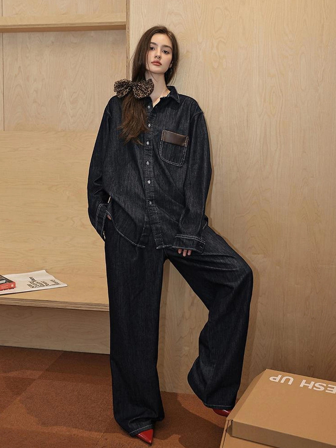 Patchwork Leather Denim Shirt Set With Wide Leg Jeans