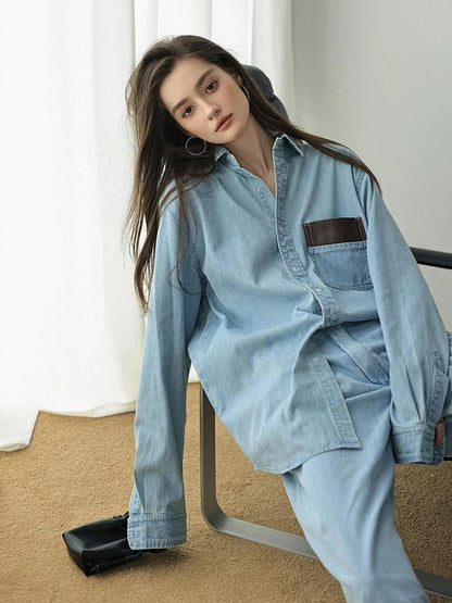 Patchwork Leather Denim Shirt Set With Wide Leg Jeans