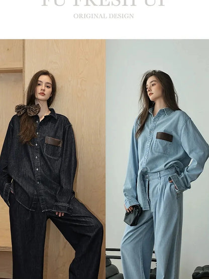 Patchwork Leather Denim Shirt Set With Wide Leg Jeans