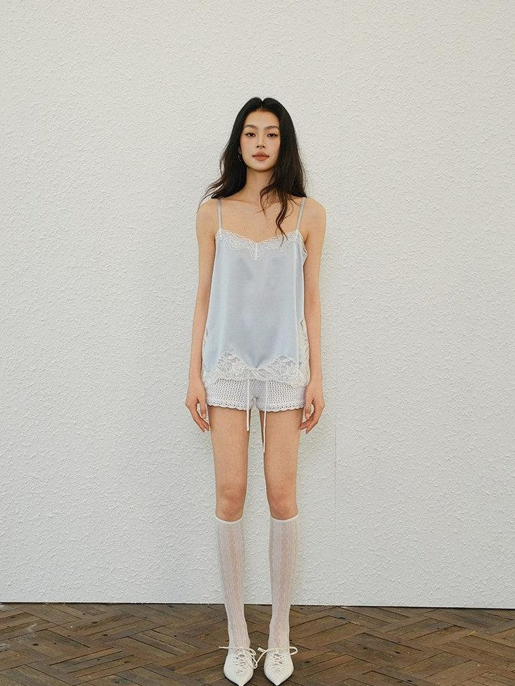 FU FRESH UP Pearlescent Satin Lace Splice Side Slit French Women&