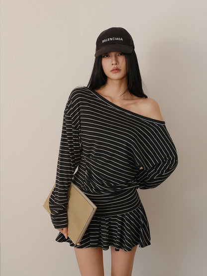 FU FRESH UP Pleated Striped Knit Asymmetric Relaxed Women&