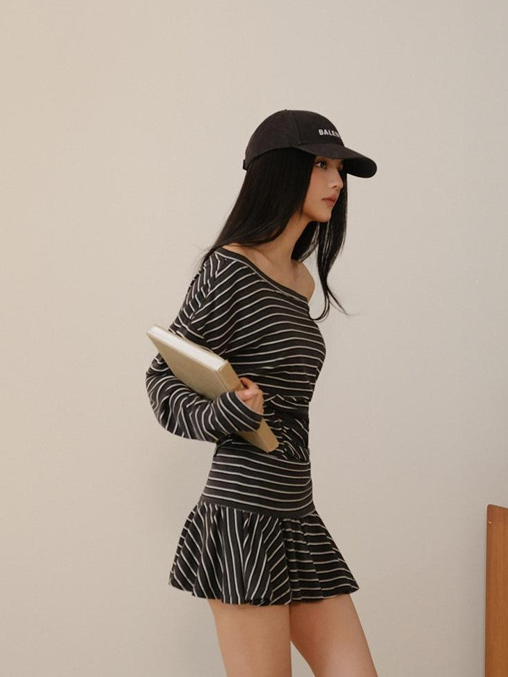 FU FRESH UP Pleated Striped Knit Asymmetric Relaxed Women&
