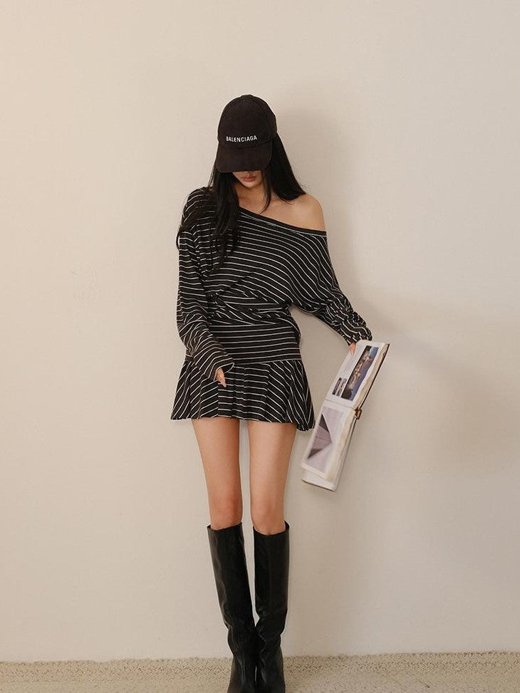 FU FRESH UP Pleated Striped Knit Asymmetric Relaxed Women&