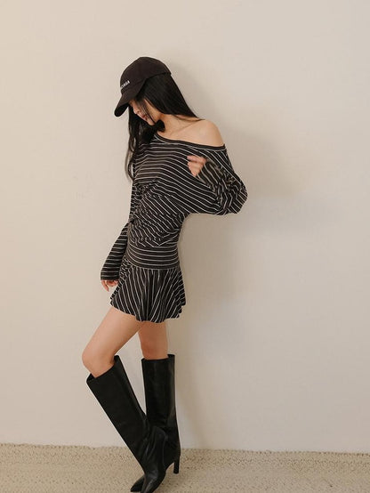 FU FRESH UP Pleated Striped Knit Asymmetric Relaxed Women&