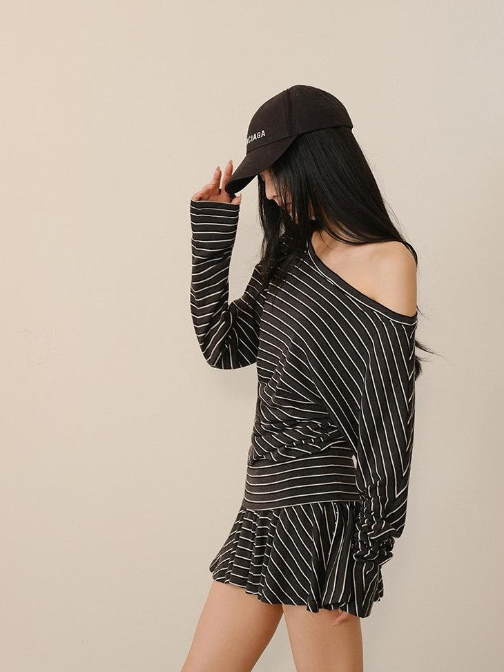 FU FRESH UP Pleated Striped Knit Asymmetric Relaxed Women&