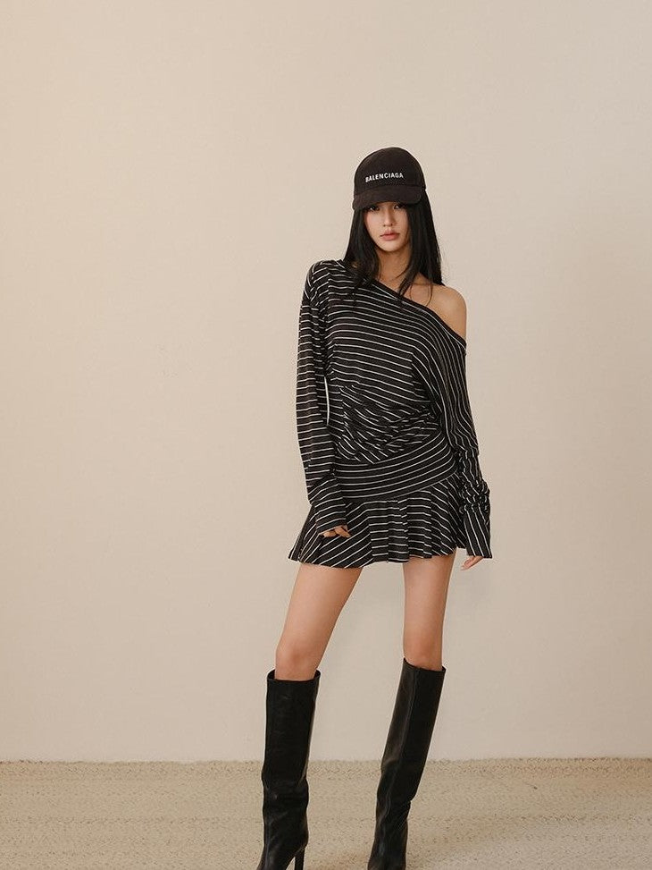 FU FRESH UP Pleated Striped Knit Asymmetric Relaxed Women&